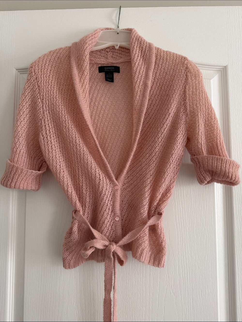 Express Blush Pink Shawl-Collar Tie-Waist Cardigan
